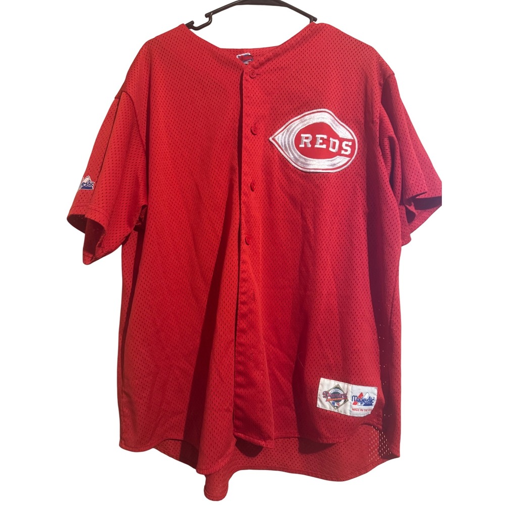 VTG‎ Majestic Cincinnati Reds Diamond Col Mesh Button Jersey Red Men XL Baseball